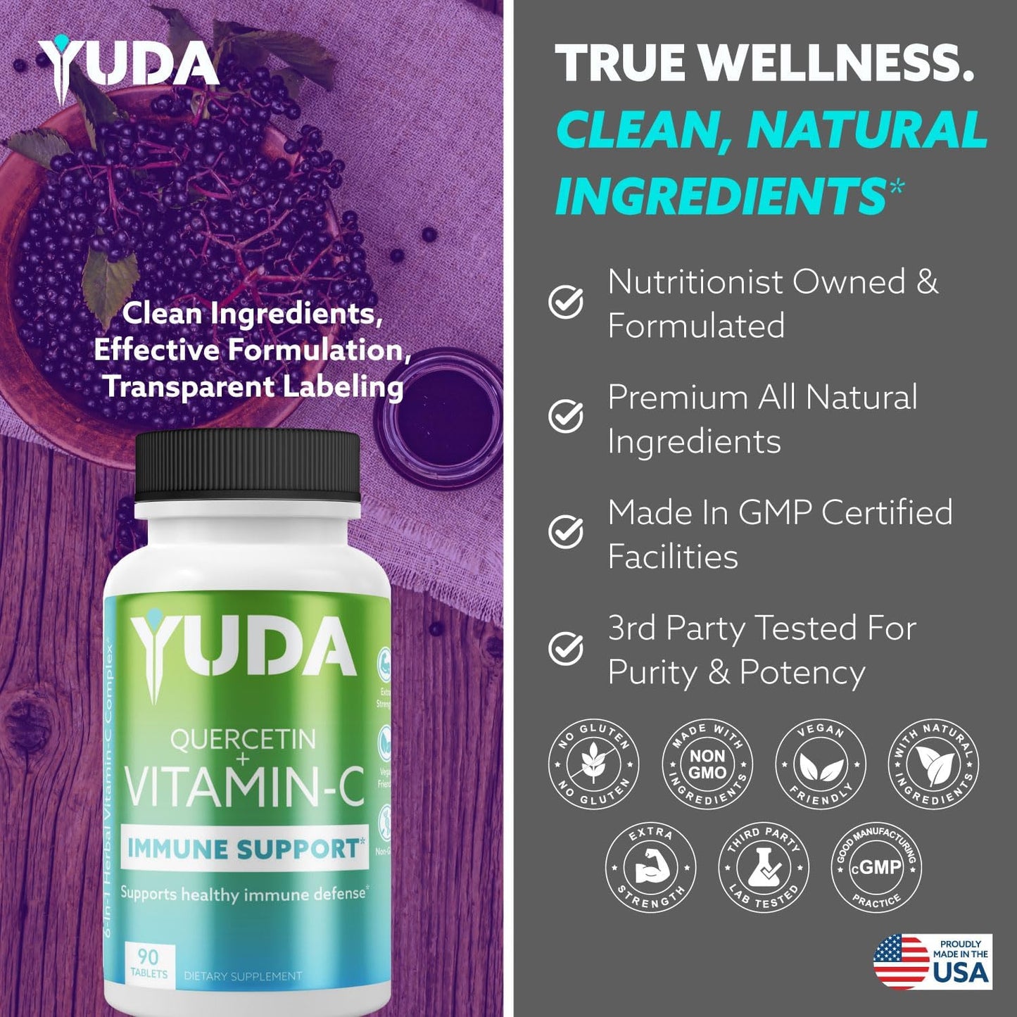 Yuda Super C Vitamin & Quercetin Formula with Elderberry & Rose HIPS - Immune Support Supplement - 1000mg Vitamin C - 90 Tablets