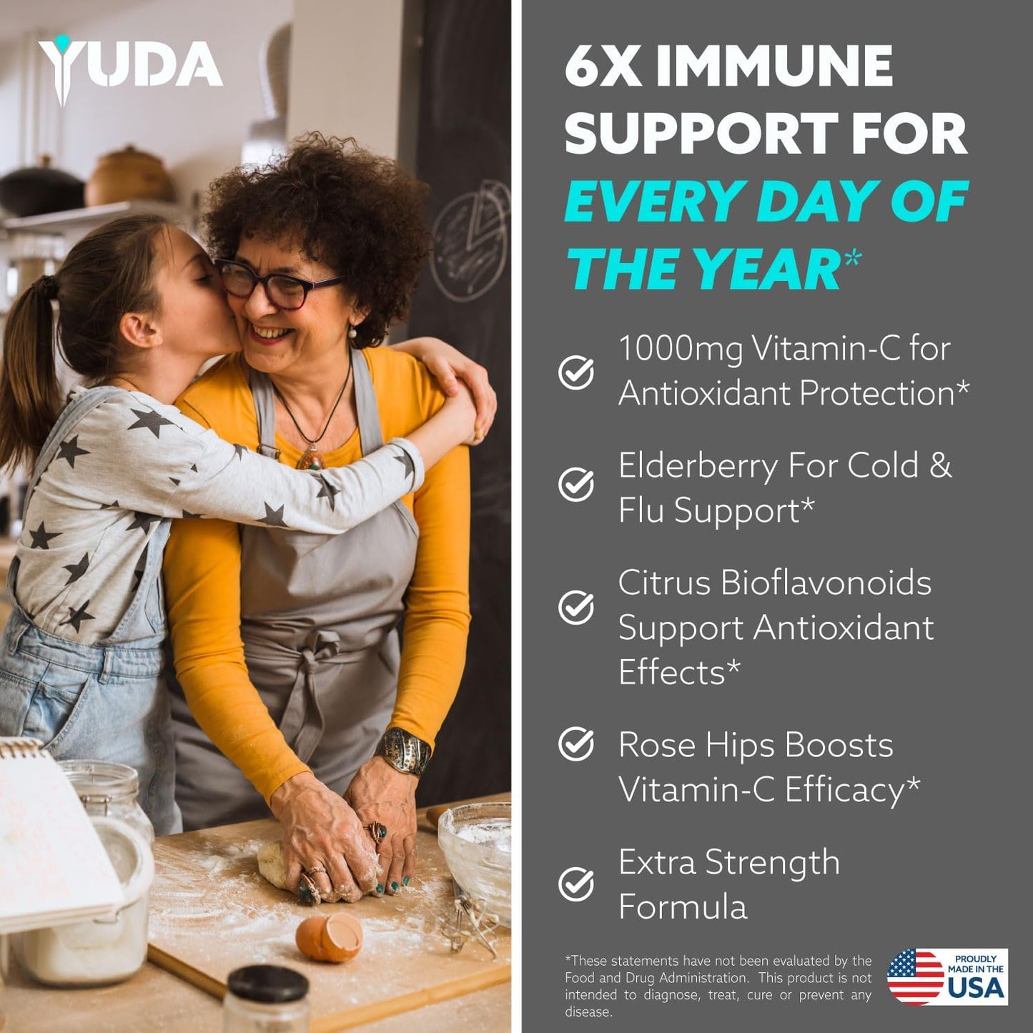 Yuda Super C Vitamin & Quercetin Formula with Elderberry & Rose HIPS - Immune Support Supplement - 1000mg Vitamin C - 90 Tablets