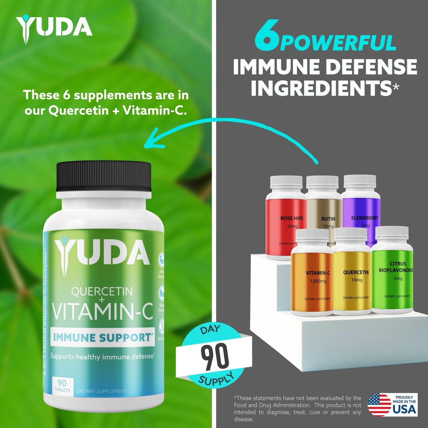 Yuda Super C Vitamin & Quercetin Formula with Elderberry & Rose HIPS - Immune Support Supplement - 1000mg Vitamin C - 90 Tablets