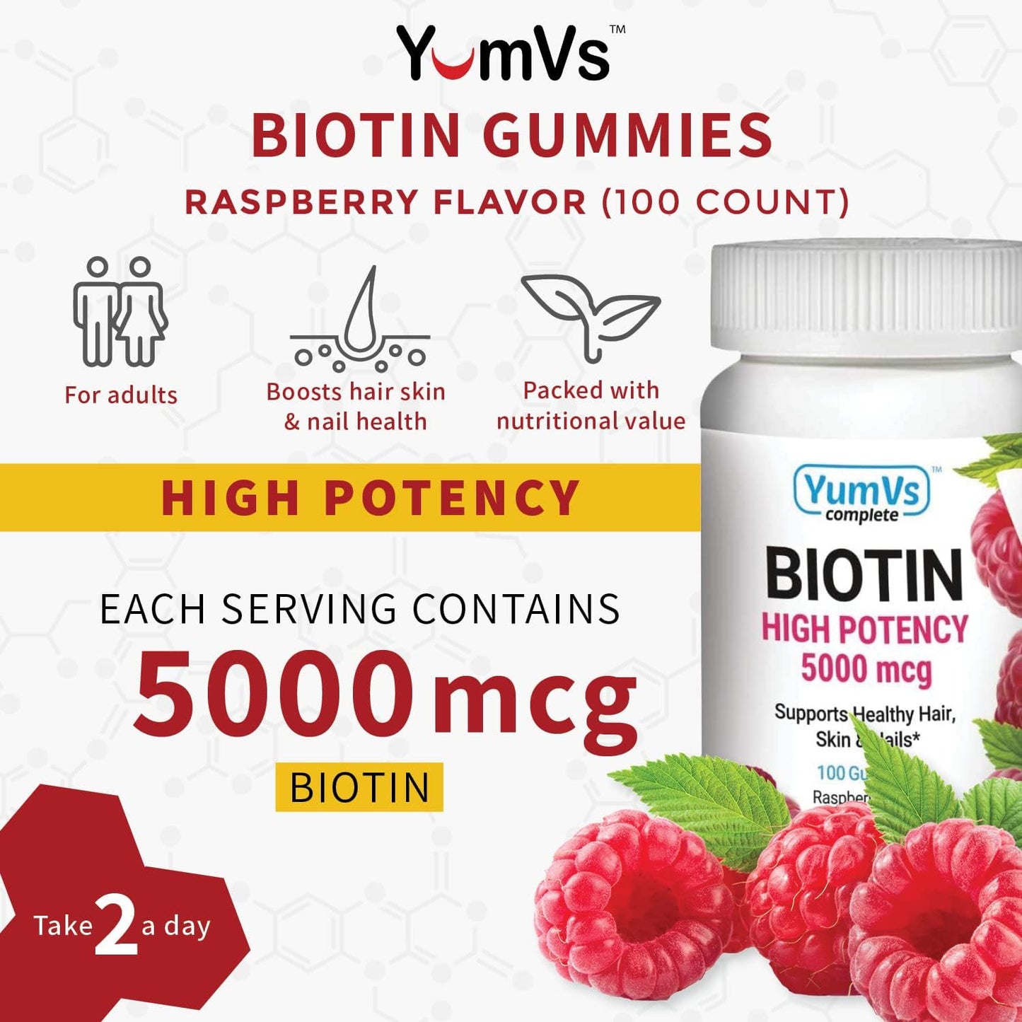 YUM-V'S High Potency Biotin Gummies 10000 mcg for Adults and Kids - Raspberry Flavored Jellies | 100-Count Vegan, Non-GMO, Kosher Supplement