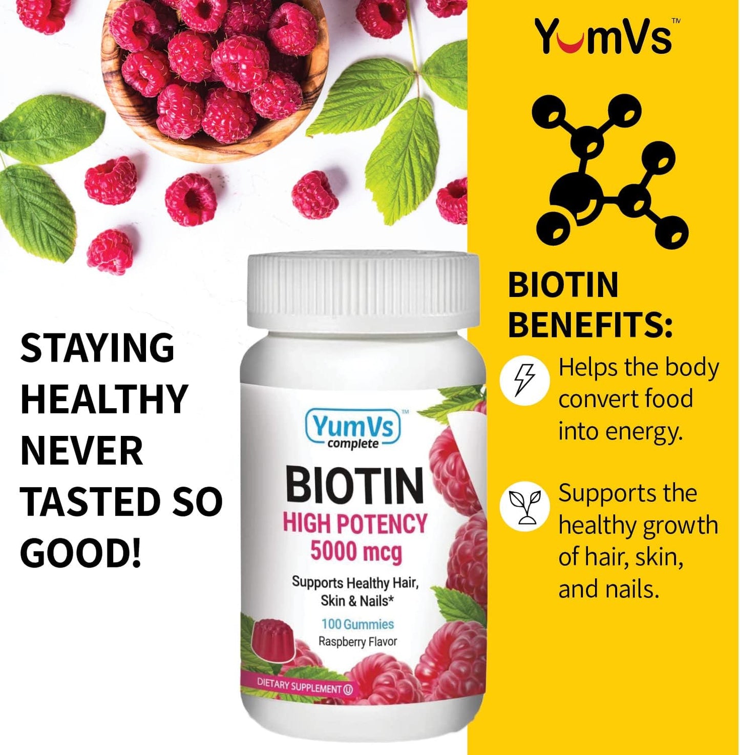YUM-V'S High Potency Biotin Gummies 10000 mcg for Adults and Kids - Raspberry Flavored Jellies | 100-Count Vegan, Non-GMO, Kosher Supplement