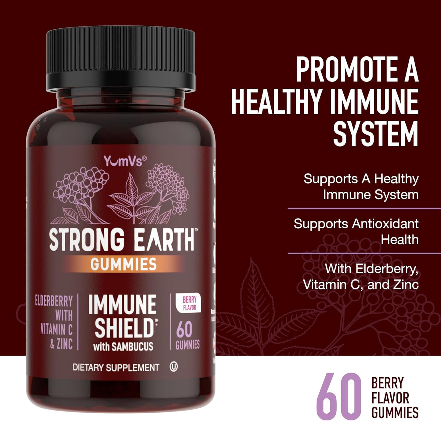YUM-V'S Immune Shield Gummies for Adults with Elderberry, Vitamin C, and Zinc - Berry Flavored Support (60 Count)