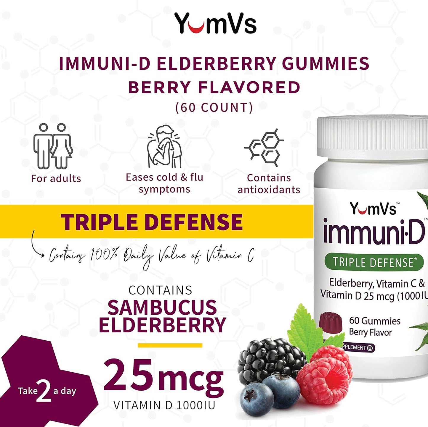 YUM-V'S ImmuniD Elderberry Gummies for Kids - 60 Count, Natural Berry Flavor Chewables with Vitamin C & D for Complete Immune Support