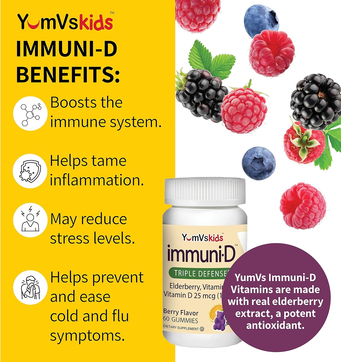 YUM-V'S ImmuniD Elderberry Gummies for Kids - 60 Count, Natural Berry Flavor Chewables with Vitamin C & D for Complete Immune Support