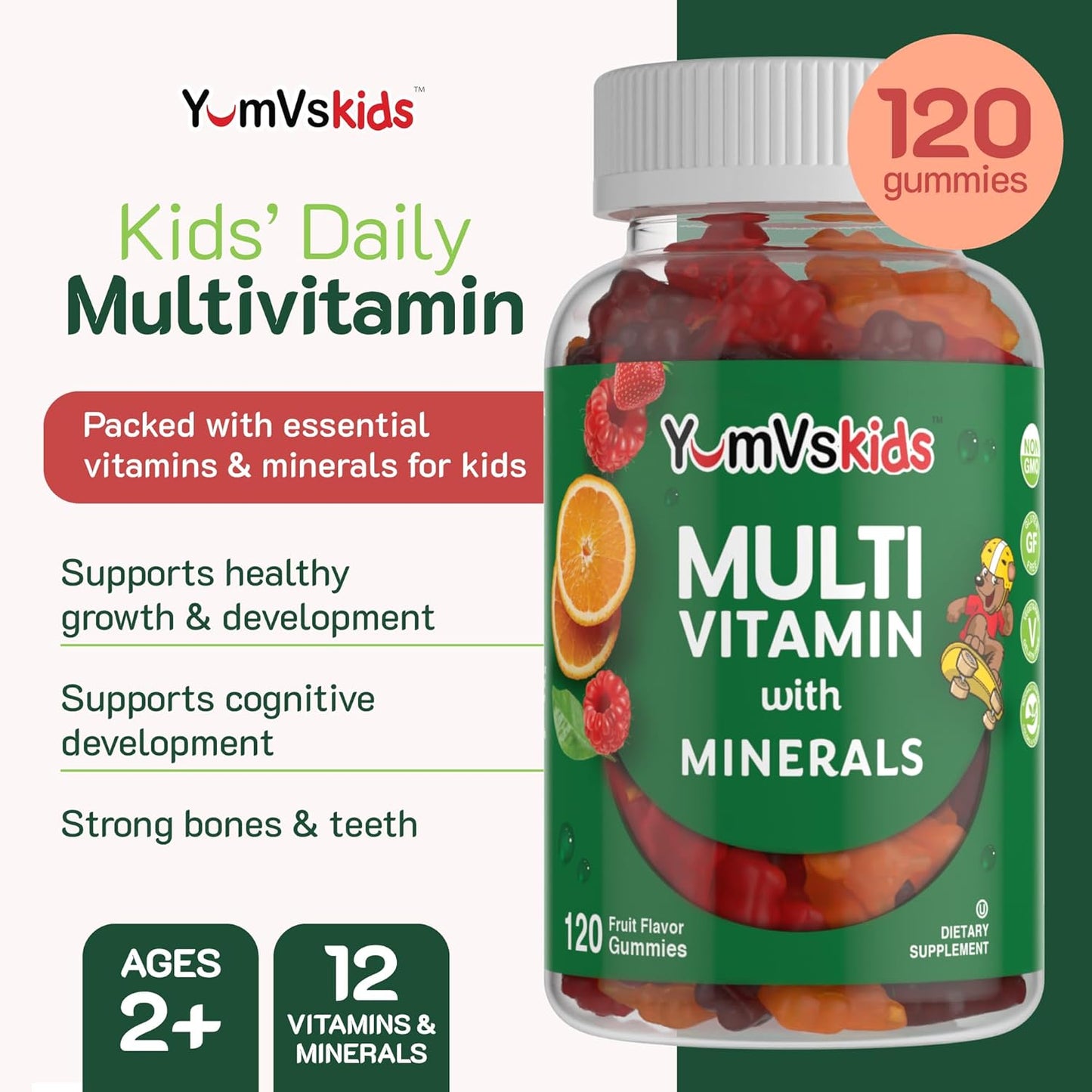 YUM-V'S Kids Multivitamin Gummies - Fruit Flavored Chewable Children's Vitamins with 12 Minerals - Kosher, Halal, Gluten Free - 120 Count - BoostGo Australia