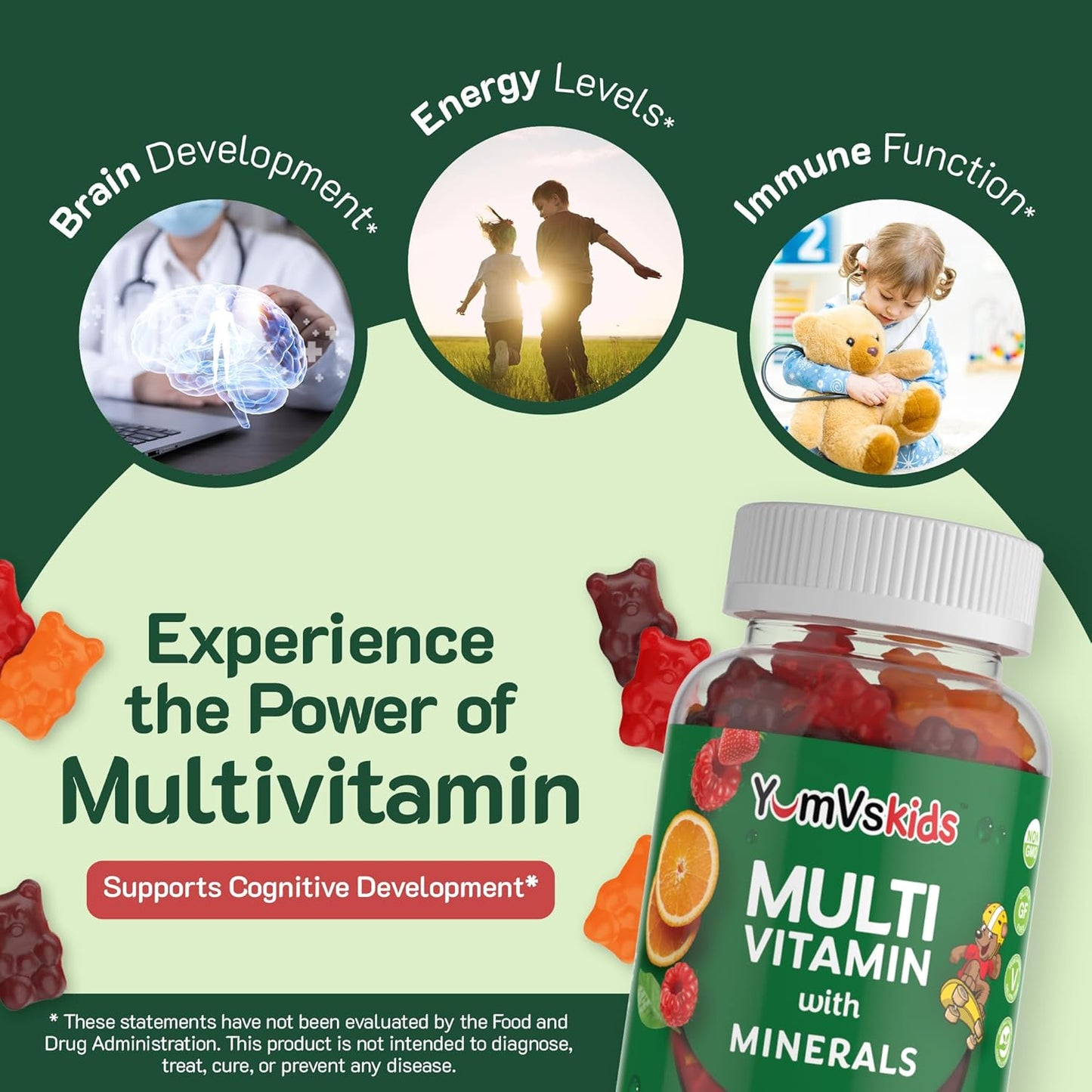 YUM-V'S Kids Multivitamin Gummies - Fruit Flavored Chewable Children's Vitamins with 12 Minerals - Kosher, Halal, Gluten Free - 120 Count - BoostGo Australia