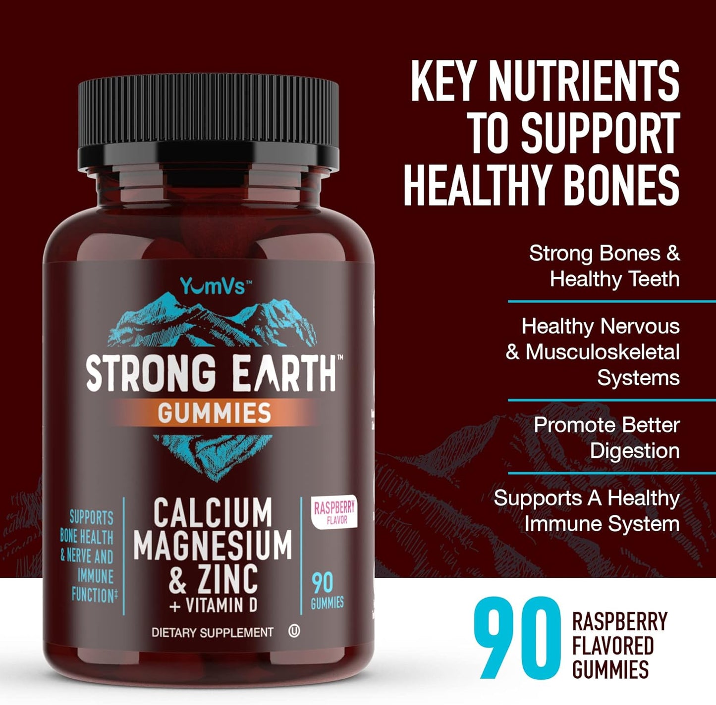 YUM-V'S Strong Earth Calcium, Magnesium, Zinc and Vitamin D Gummies (90 Count) Calcium Gummies with Vitamin D3 + Zinc & Magnesium Supplements, Delicious Bone Health Gummy Supplements