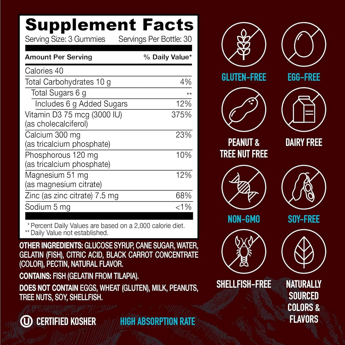 YUM-V'S Strong Earth Calcium, Magnesium, Zinc and Vitamin D Gummies (90 Count) Calcium Gummies with Vitamin D3 + Zinc & Magnesium Supplements, Delicious Bone Health Gummy Supplements