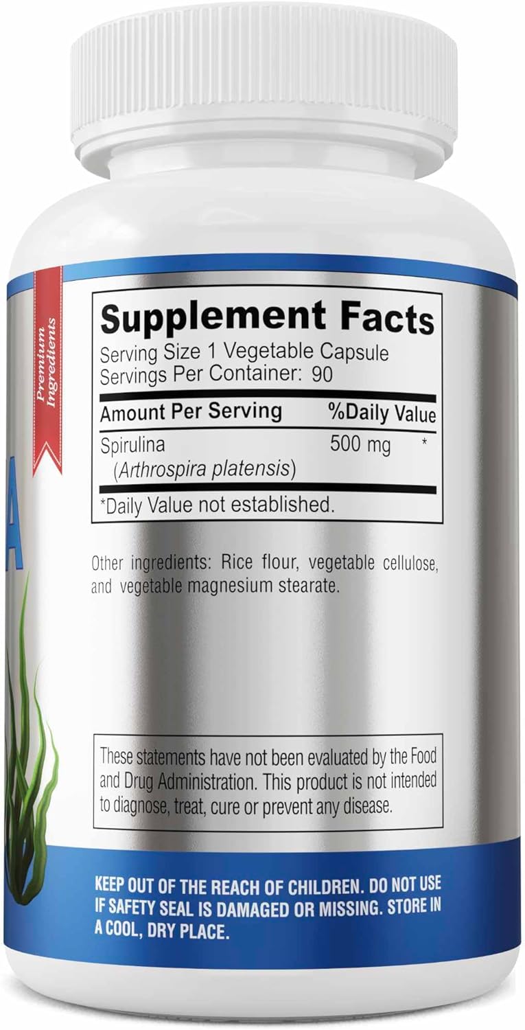 YUMMYVITE Spirulina Capsules - 500mg Nutrient-Rich Superfood with High Antioxidant Content - 90 Count