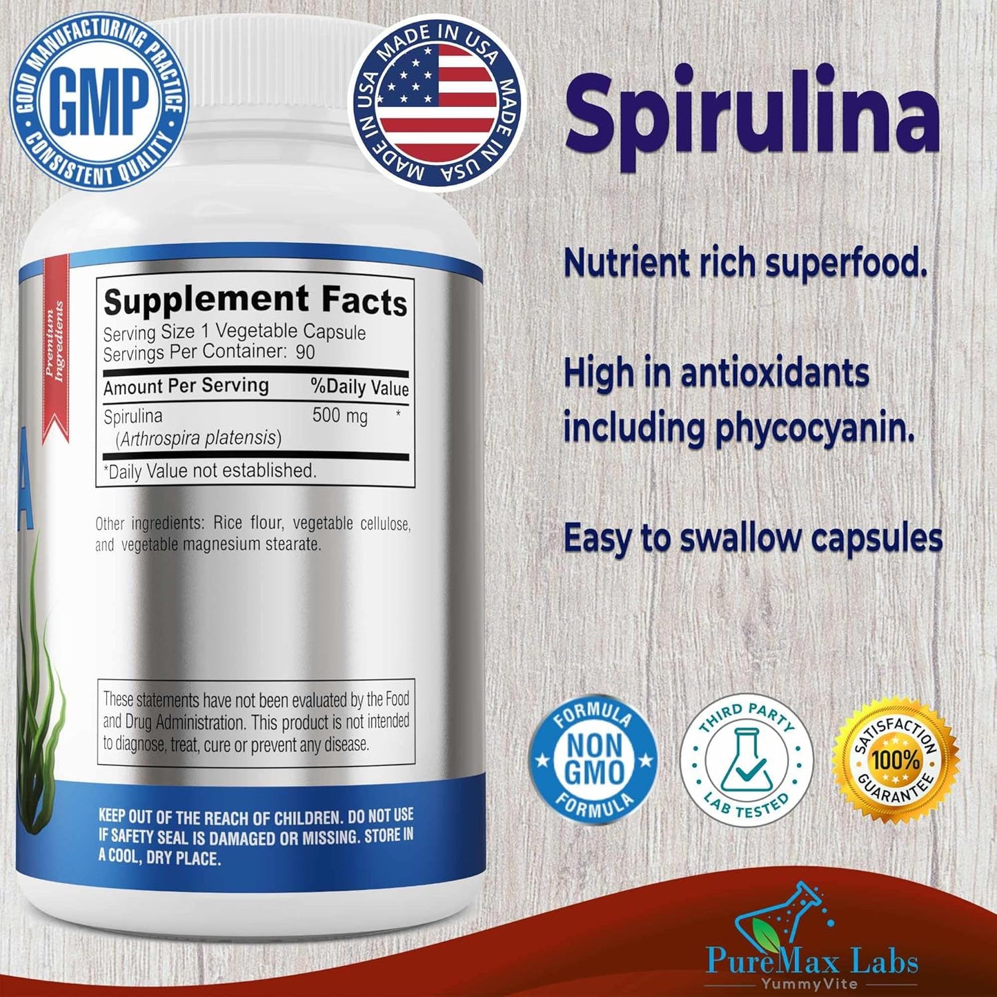 YUMMYVITE Spirulina Capsules - 500mg Nutrient-Rich Superfood with High Antioxidant Content - 90 Count