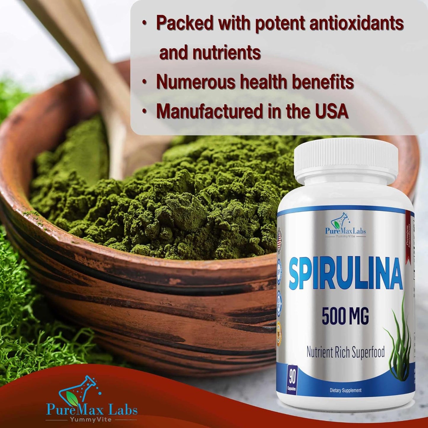 YUMMYVITE Spirulina Capsules - 500mg Nutrient-Rich Superfood with High Antioxidant Content - 90 Count