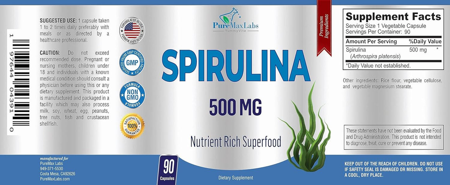 YUMMYVITE Spirulina Capsules - 500mg Nutrient-Rich Superfood with High Antioxidant Content - 90 Count