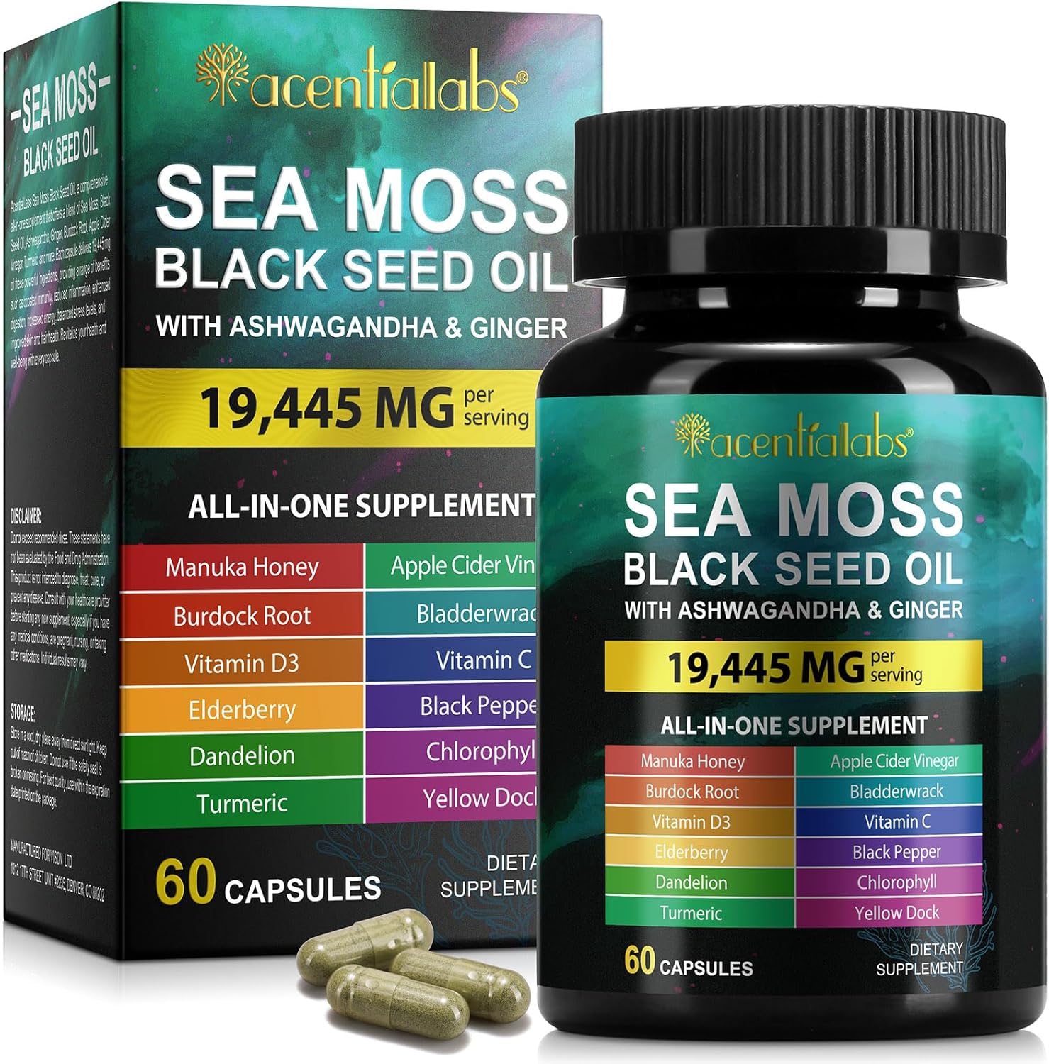 YUNTINGGO Sea Moss Black Seed Oil Capsules with Ashwagandha, Ginger, Vitamins, Bladderwrack, Burdock Root - 60 Count