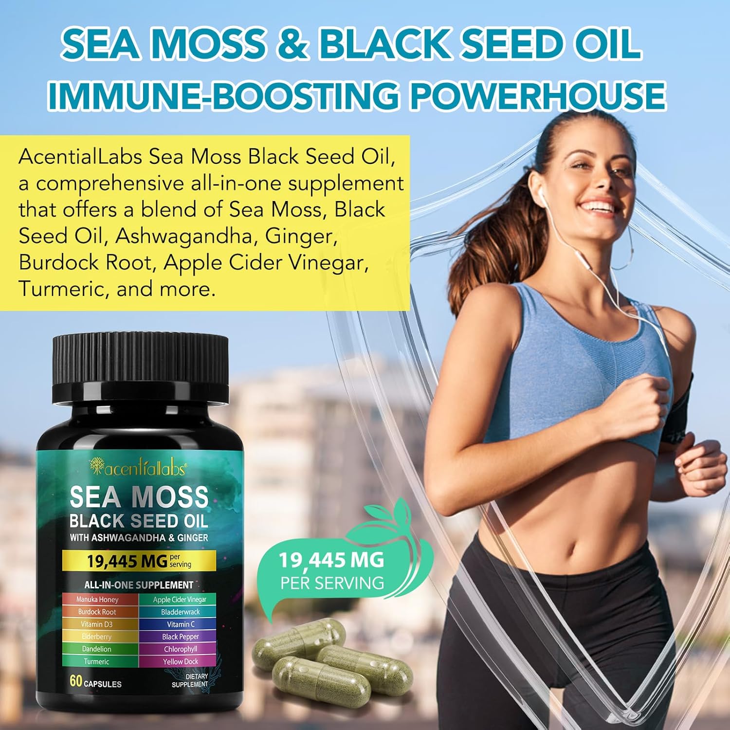 YUNTINGGO Sea Moss Black Seed Oil Capsules with Ashwagandha, Ginger, Vitamins, Bladderwrack, Burdock Root - 60 Count