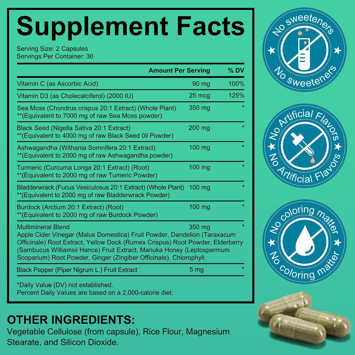 YUNTINGGO Sea Moss Black Seed Oil Capsules with Ashwagandha, Ginger, Vitamins, Bladderwrack, Burdock Root - 60 Count