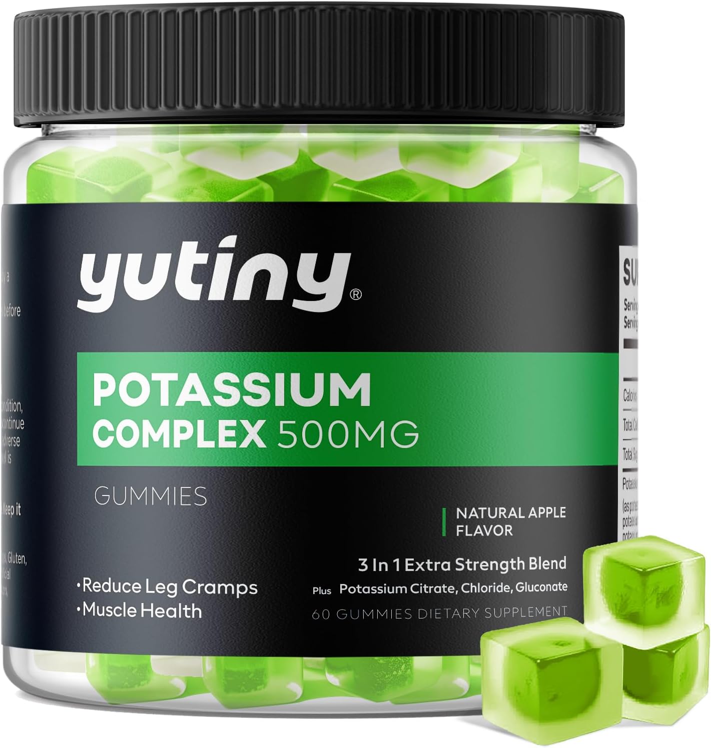 Yutiny 3-in-1 Potassium Complex Gummies 500mg - Potassium Citrate, Chloride, Gluconate - 60 Count