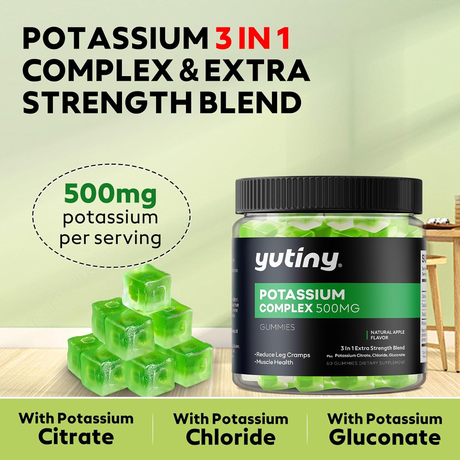 Yutiny 3-in-1 Potassium Complex Gummies 500mg - Potassium Citrate, Chloride, Gluconate - 60 Count