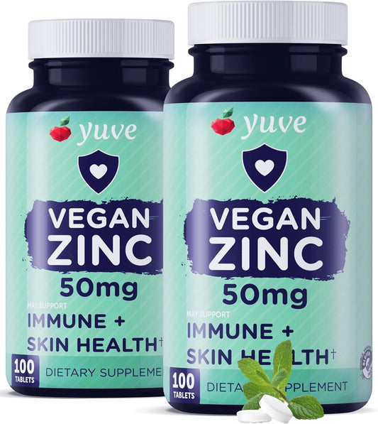 Yuve Natural Vegan Zinc Vitamins 50mg - Immune Support, Cold & Flu Relief, Acne-Free Skin, Healthy Hormone Levels - Non-GMO, Gluten & Sugar Free - 200 Veg Tabs