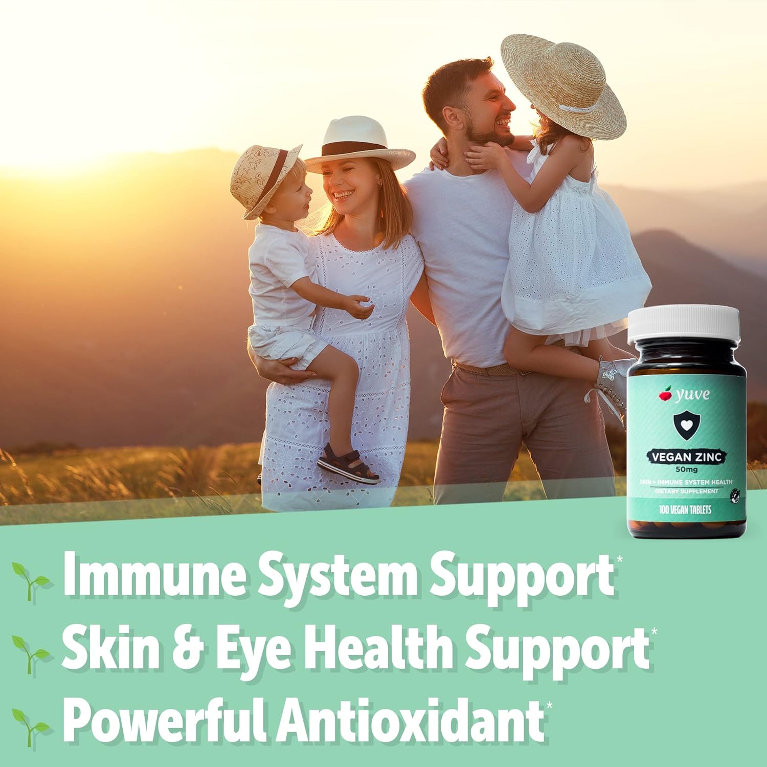 Yuve Natural Vegan Zinc Vitamins 50mg - Immune Support, Cold & Flu Relief, Acne-Free Skin, Healthy Hormone Levels - Non-GMO, Gluten & Sugar Free - 200 Veg Tabs