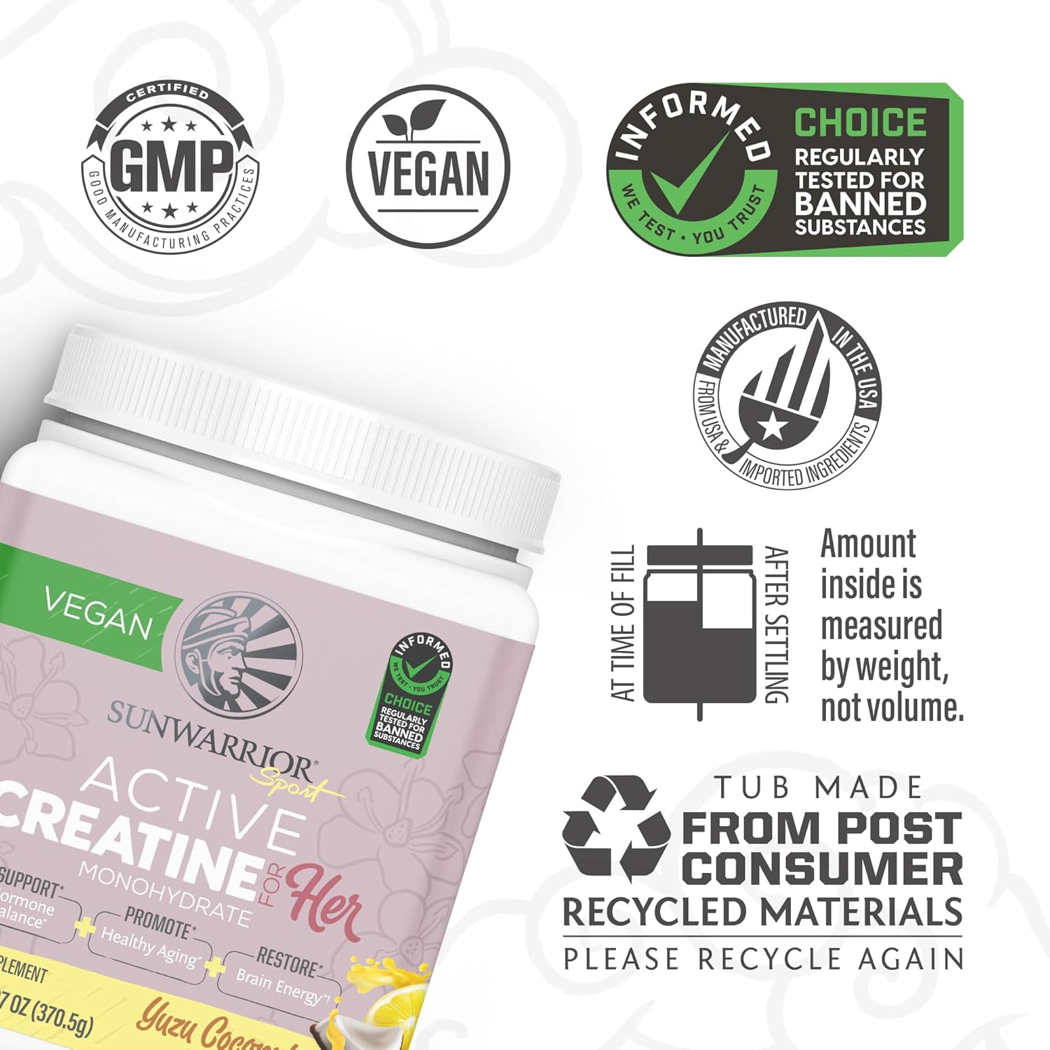 Yuzu Coconut Flavored Sunwarrior Creatine Monohydrate Powder: Vegan Keto Muscle Builder for Women, 300g Tub