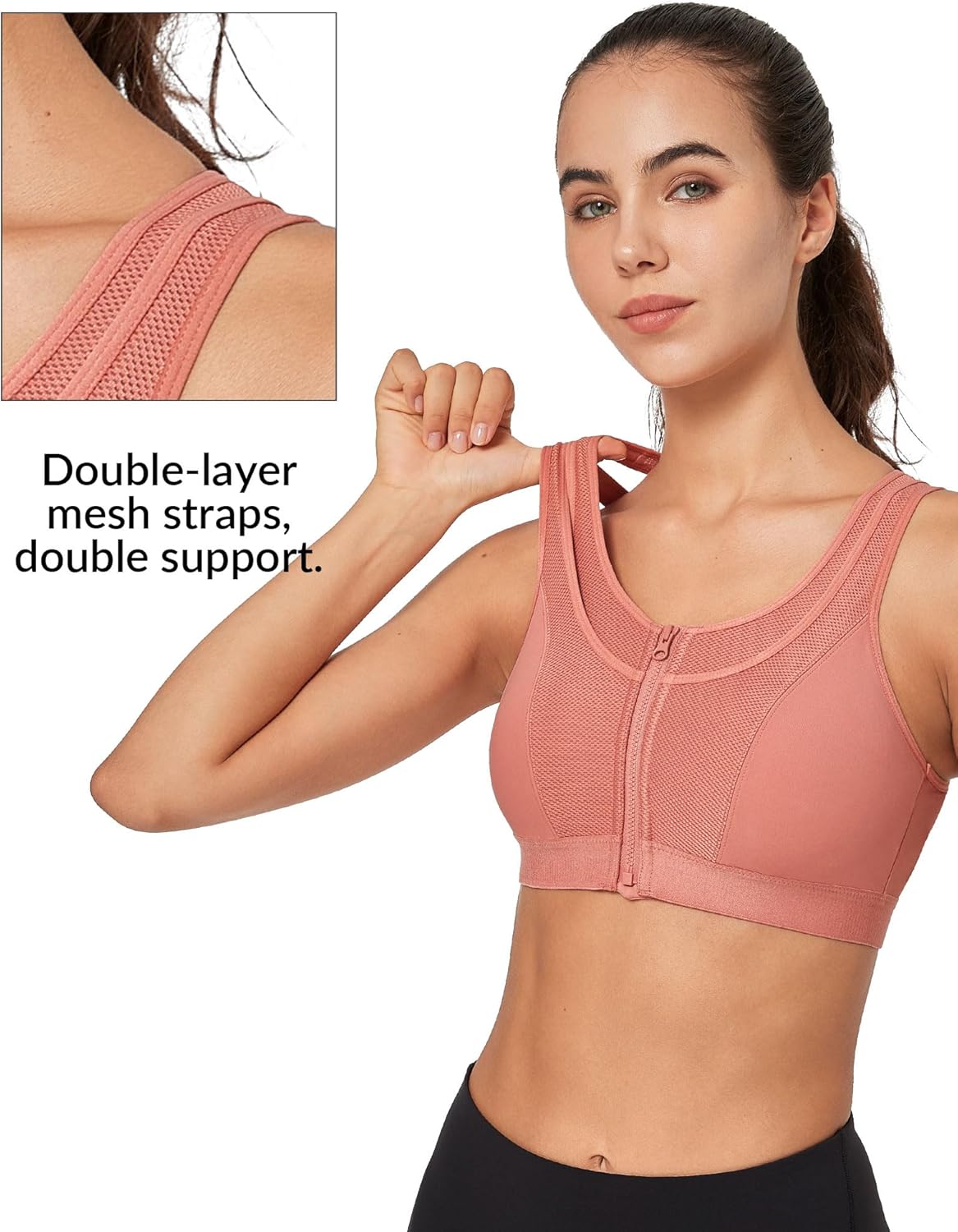 Yvette High Impact Mesh Zip Front Sports Bra with Double Deck Straps for Women Running