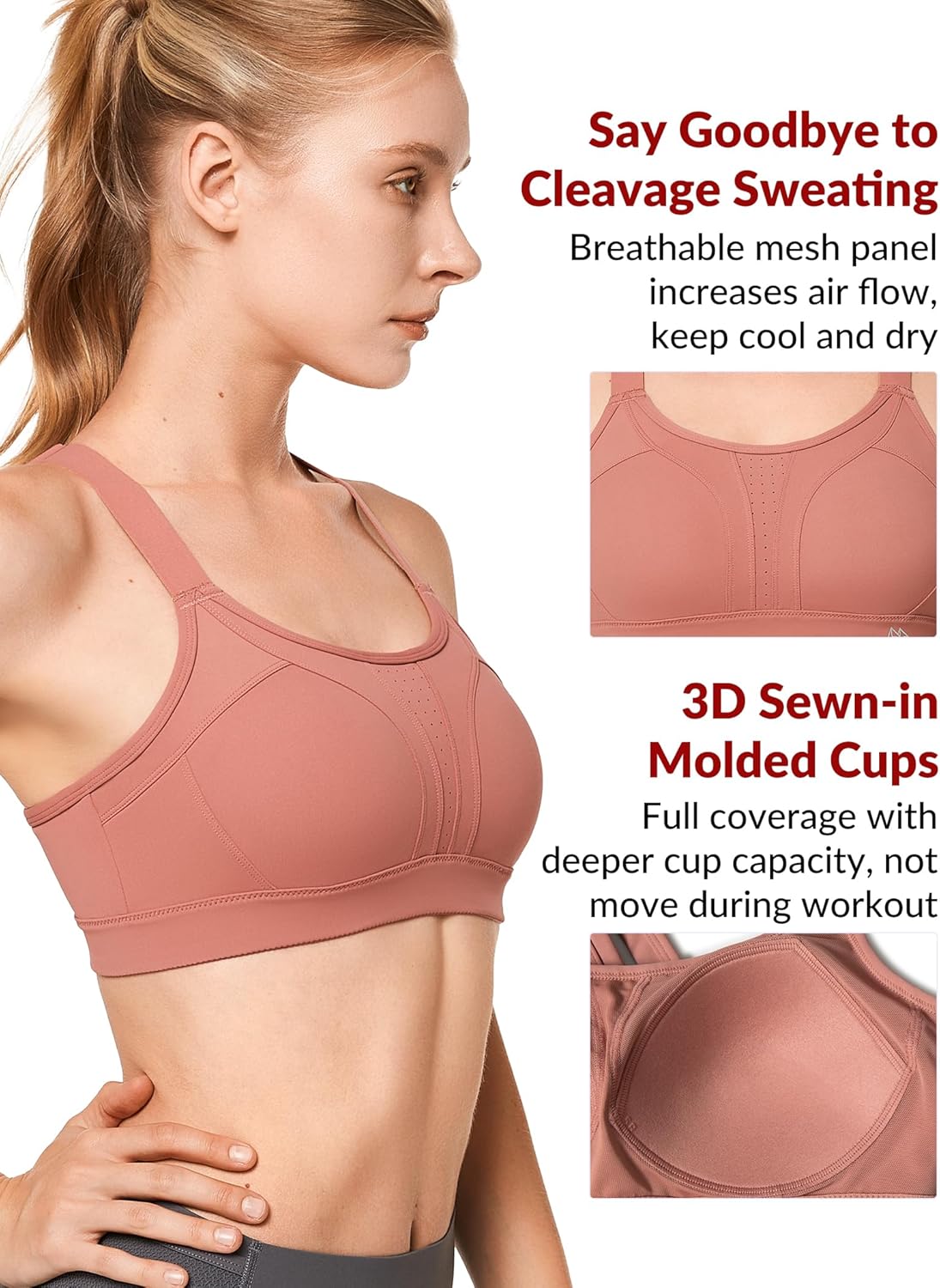 Yvette High Impact Sports Bra with Adjustable Criss Cross Back - Full Support for Large Busts, No Bounce