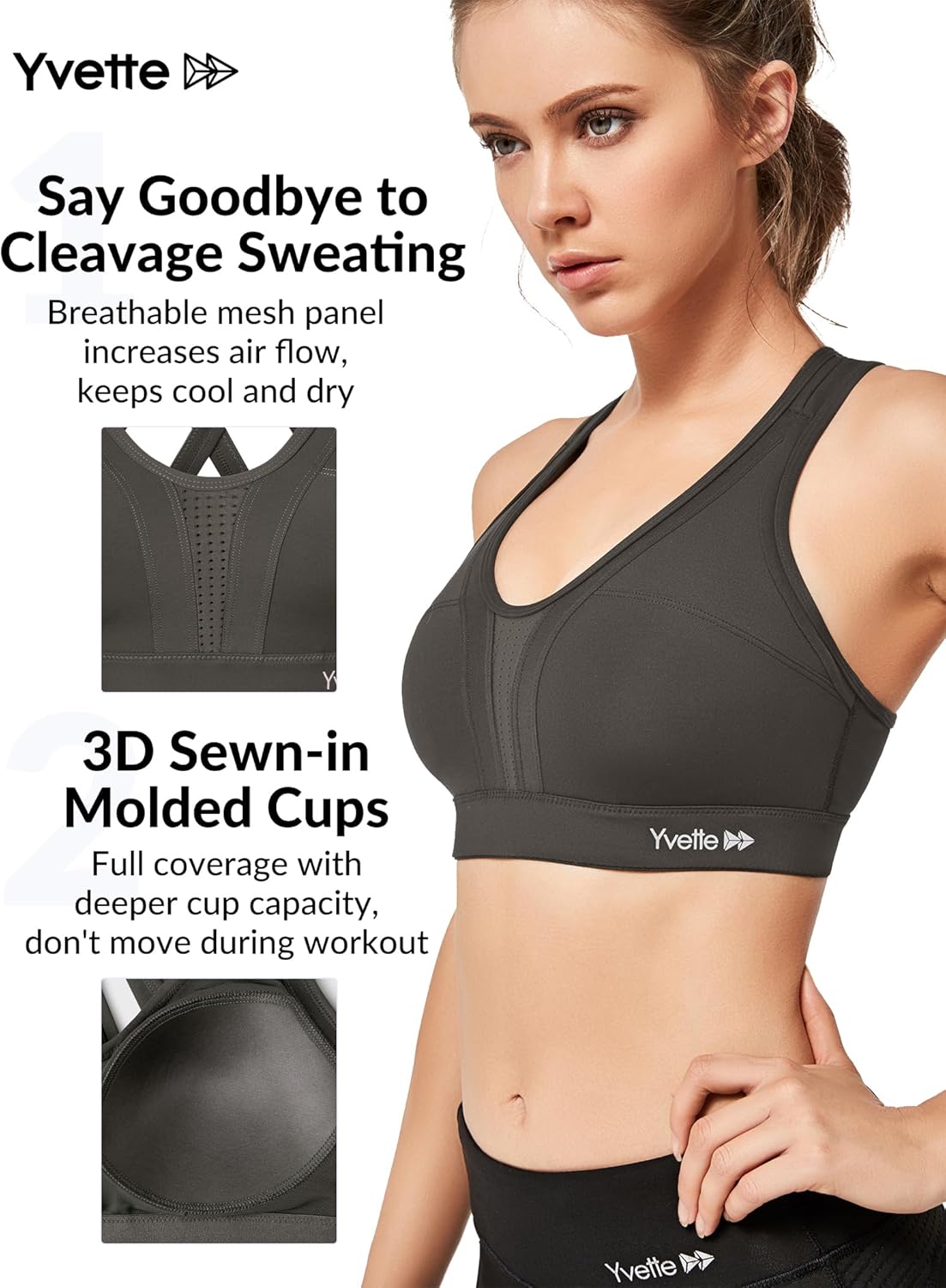 Yvette Women's Criss Cross Back High Impact Sports Bra for Plus Size Running
