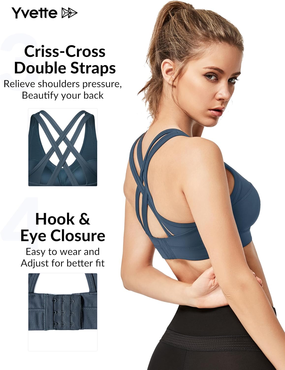 Yvette Women's High Impact Criss Cross Back Sports Bra for Plus Size Running - Sexy Supportive Athletic Bra