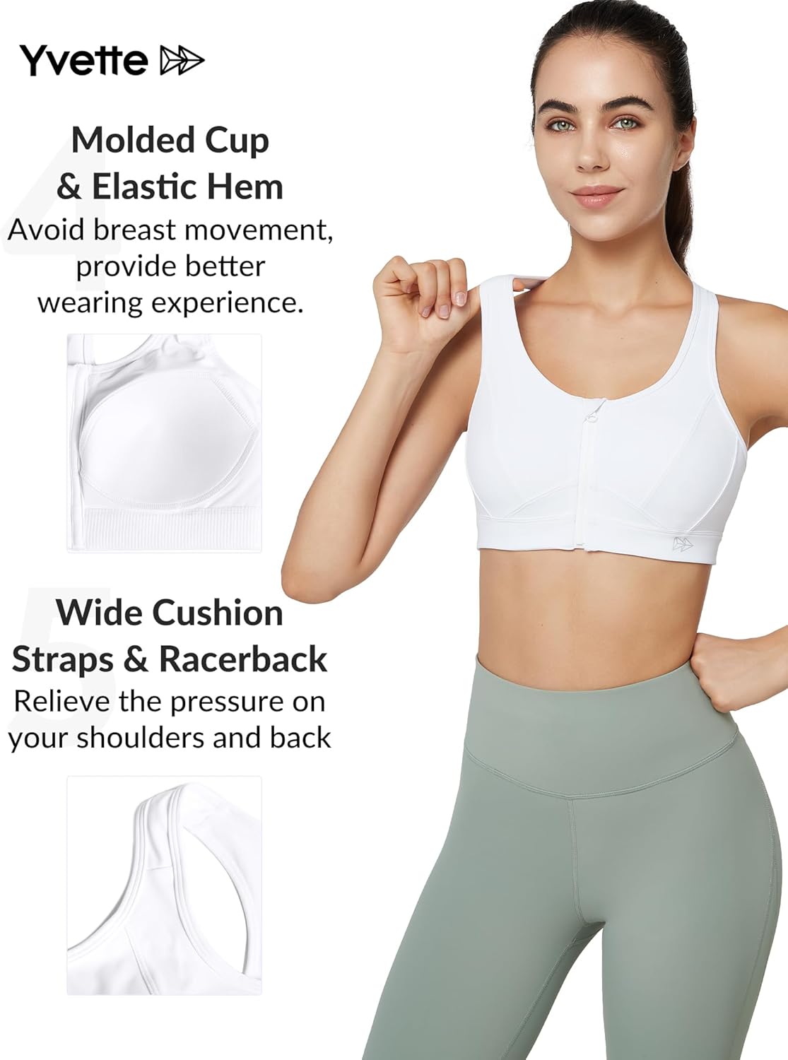 Yvette Zip Front Sports Bra - High Impact Plus Size Women's Workout Fitness Running Bras