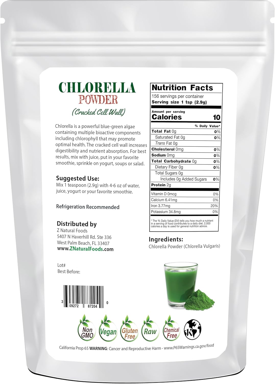 Z Natural Foods Chlorella Powder: Cracked Cell Wall Plant Protein Superfood for Smoothies, Drinks, Recipes - 1 lb, Raw, Non GMO, Gluten Free, Vegan
