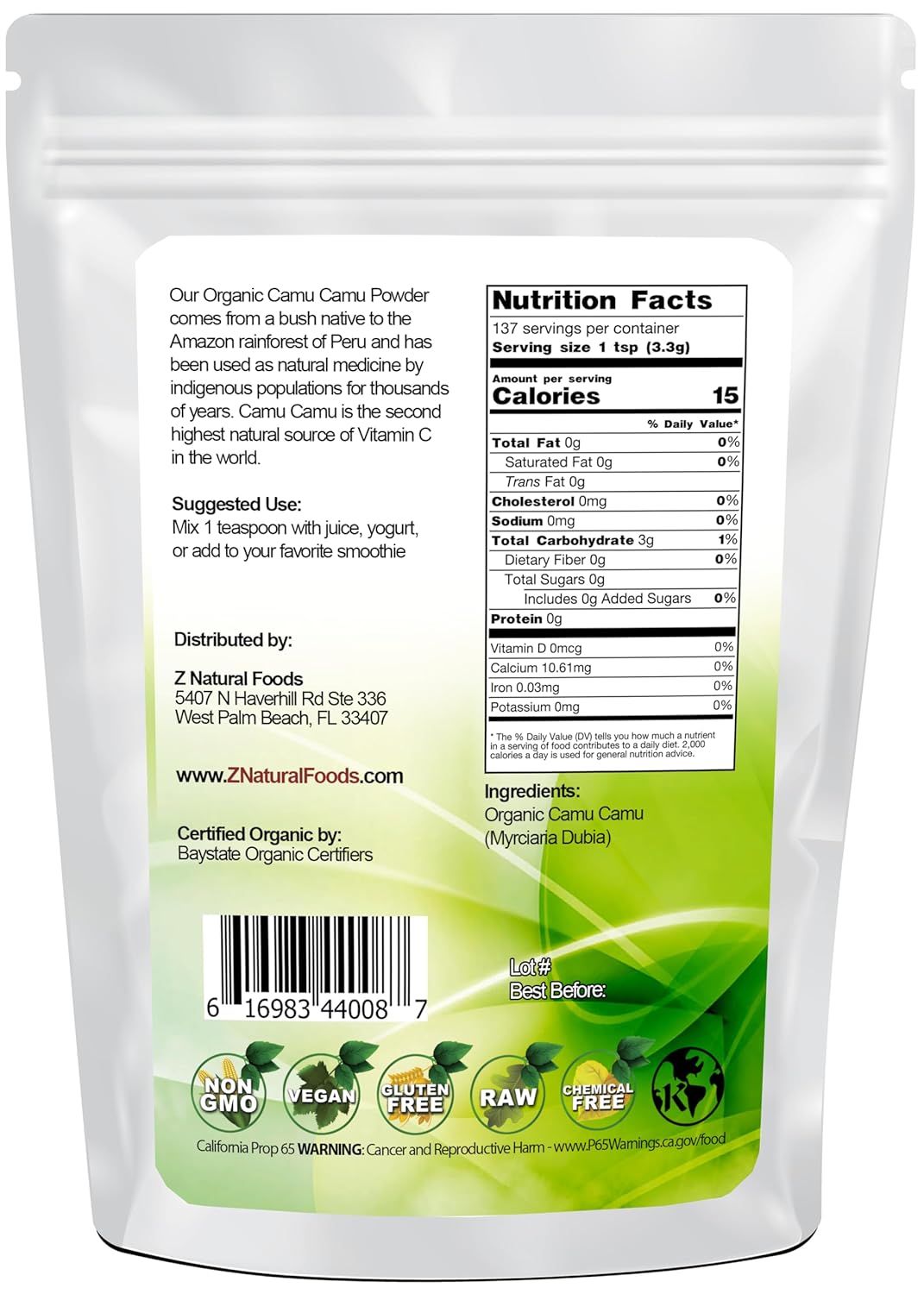 Z Natural Foods Organic Camu Camu Powder - Immune Support & Mood Boost - Superfood Powder for Smoothies & Recipes - Raw, Vegan, Non-GMO - 1 lb