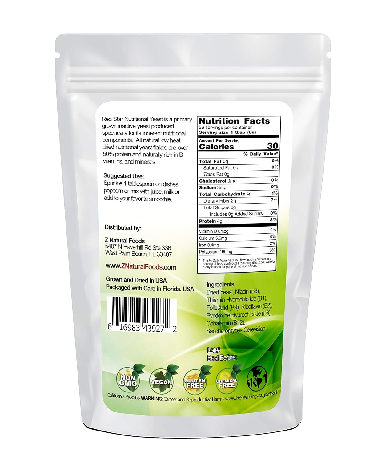 Z Natural Foods Premium Nutritional Yeast Flakes - Enriched with B Vitamins - Gluten Free, Vegan - 1 lb - Ideal for Plant-Based Diets