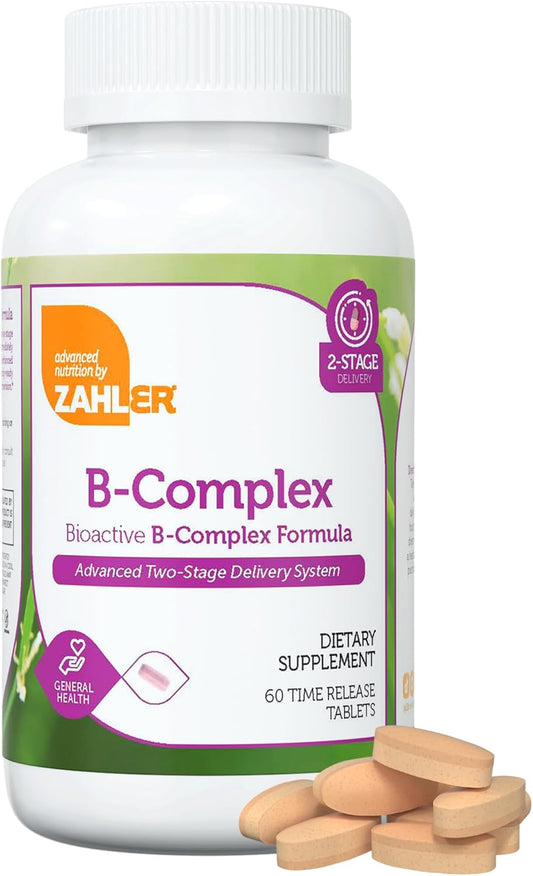 Zahler B-Complex Vitamins with Advanced 2-Stage Delivery System - Gluten Free & Non-GMO - B1 B2 B3 B5 B6 B7 B9 B12 - VIT B for Women & Men (60 Tablets)