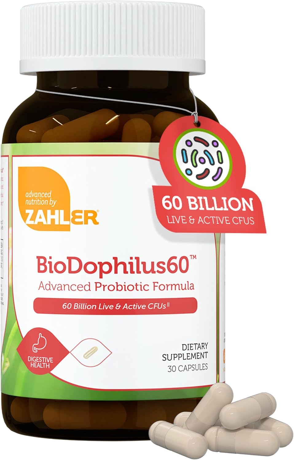 Zahler Biodophilus Capsules - 60 Billion Live Cultures, Digestive Health Support, Kosher Certified - 30 Count