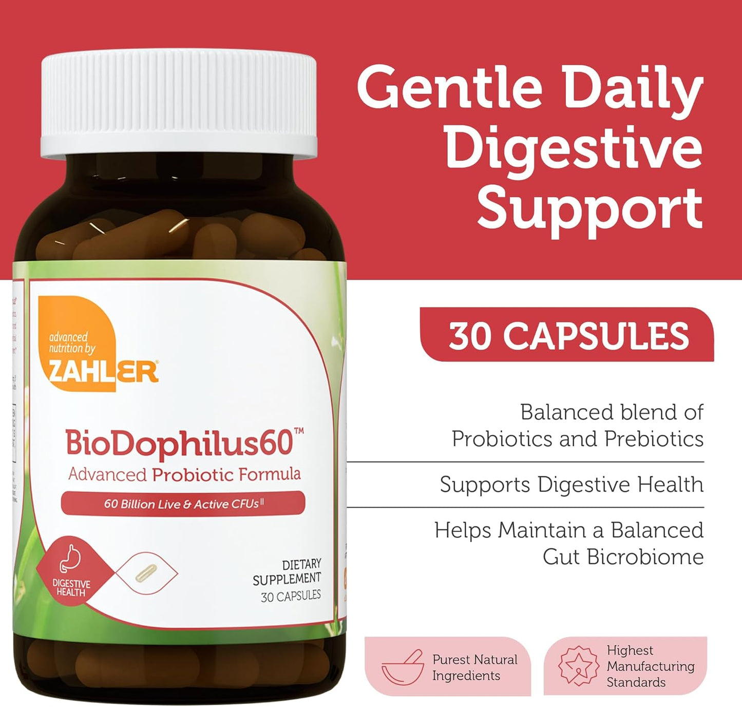 Zahler Biodophilus Capsules - 60 Billion Live Cultures, Digestive Health Support, Kosher Certified - 30 Count