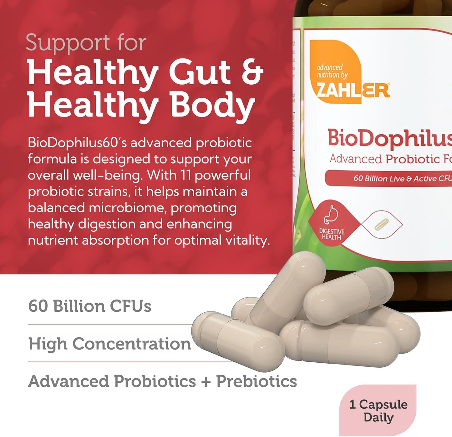 Zahler Biodophilus Capsules - 60 Billion Live Cultures, Digestive Health Support, Kosher Certified - 30 Count