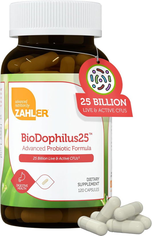Zahler BioDophilus25: 25 Billion CFU Probiotic + Prebiotic - 11 Strains Daily Supplement for Digestive Health - Kosher Probiotics for Men & Women (120 Capsules)