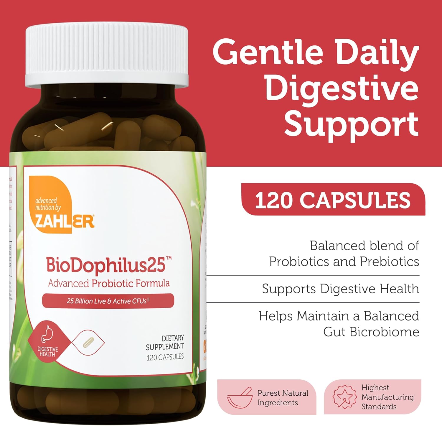 Zahler BioDophilus25: 25 Billion CFU Probiotic + Prebiotic - 11 Strains Daily Supplement for Digestive Health - Kosher Probiotics for Men & Women (120 Capsules)
