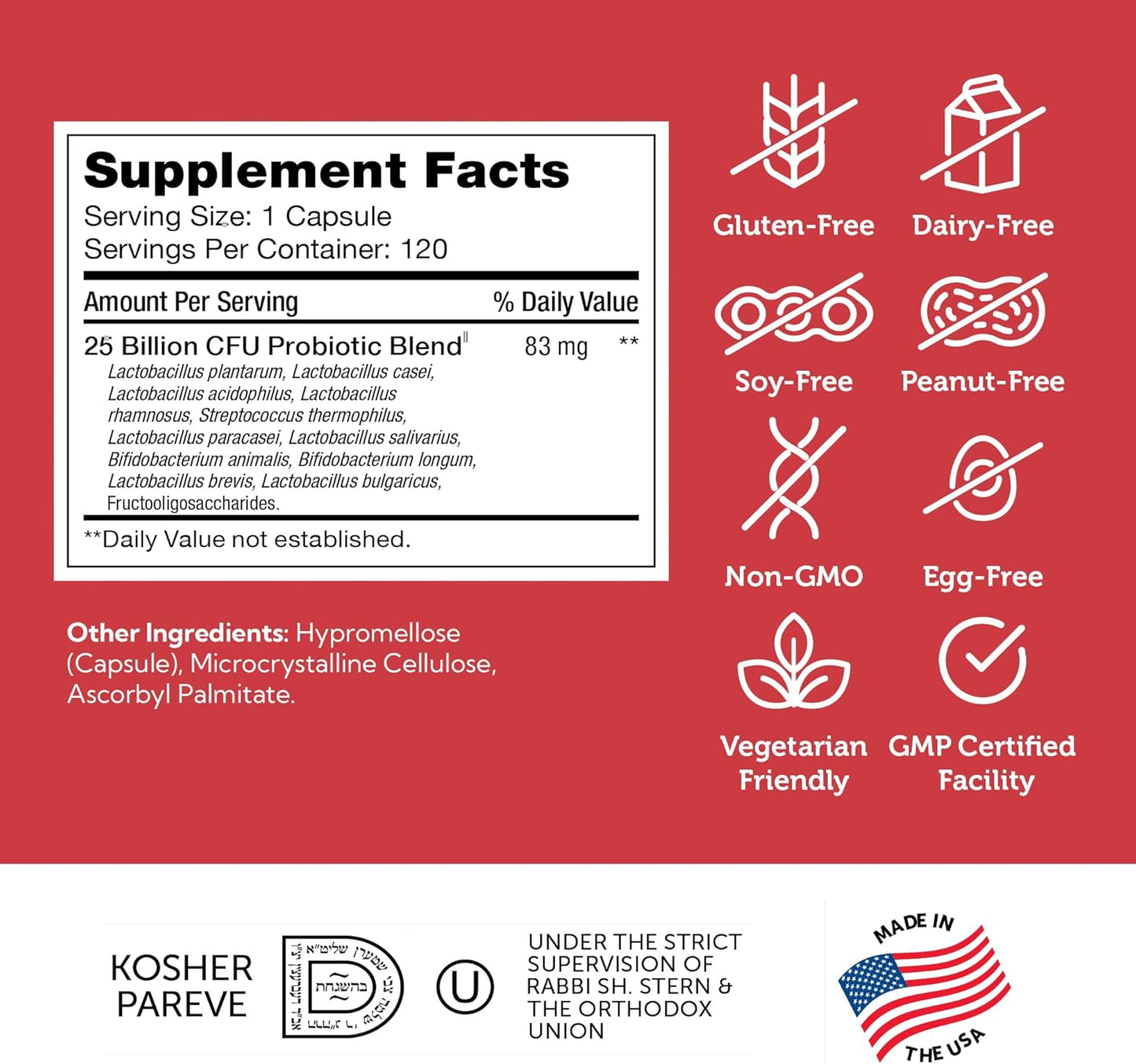 Zahler BioDophilus25: 25 Billion CFU Probiotic + Prebiotic - 11 Strains Daily Supplement for Digestive Health - Kosher Probiotics for Men & Women (120 Capsules)