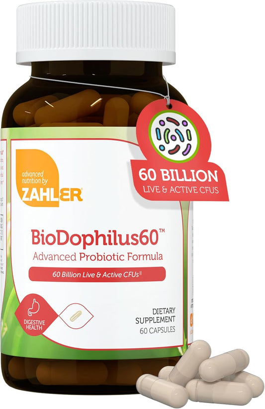 Zahler BioDophilus60 Probiotic + Prebiotic - 60 Billion CFU, 11 Strains - Digestive Health Supplement for Men & Women - Kosher (60 Capsules)