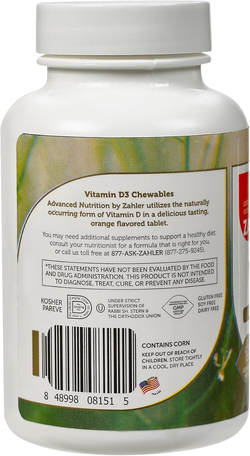 Zahler Chewable Vitamin D3 2000IU Tablets for Bone & Immune Health - Vegetarian, Gluten-Free, Non-GMO, Kosher - 120 Count