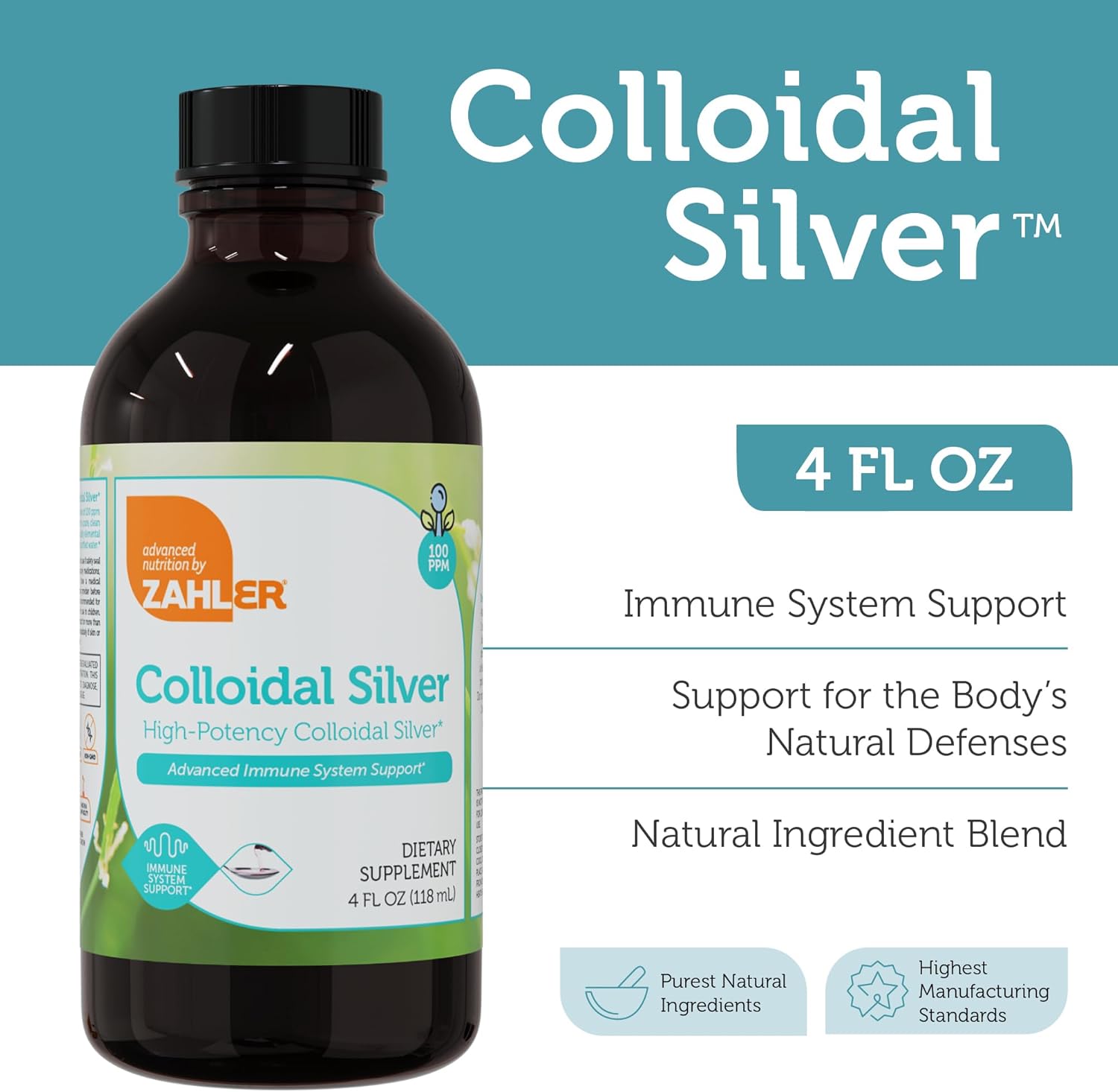 Zahler Colloidal Silver Liquid - 100 PPM Bio-Active Immune Support - Kosher Vegetarian Non-GMO Silver Water - 4 fl oz