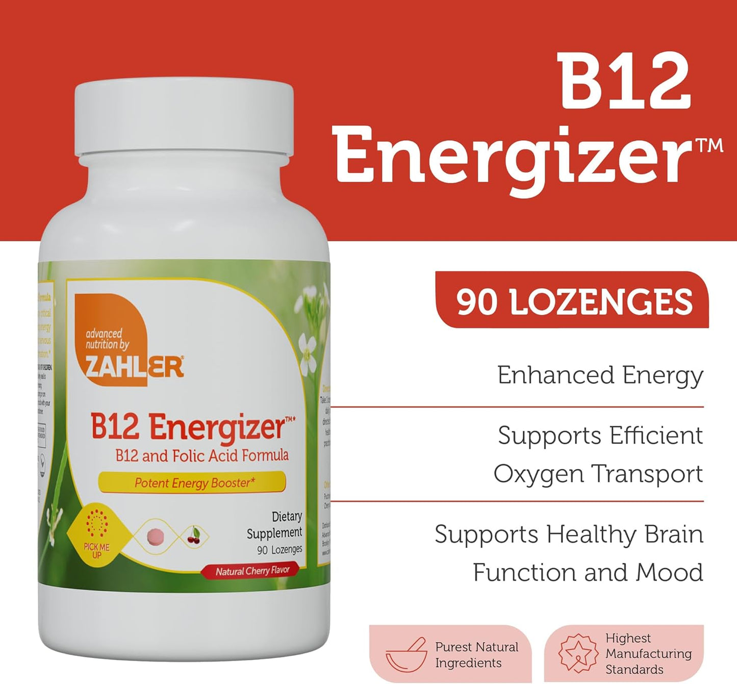 Zahler Energizer Cherry Lozenges - Fast Dissolving Folate & B12 Supplement - Methylated Dual Vitamin Formula with High Folic Acid & B12 - 90 Count
