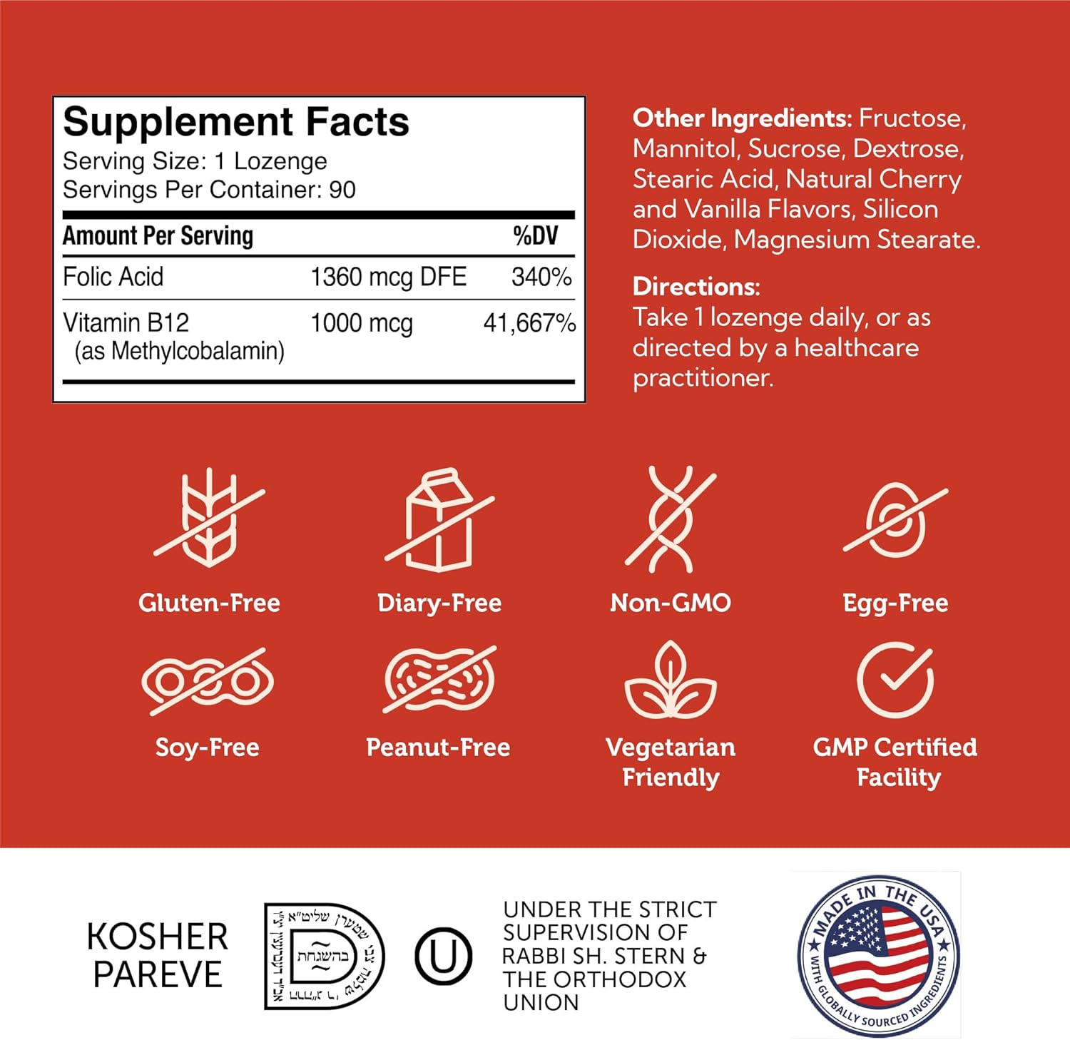 Zahler Energizer Cherry Lozenges - Fast Dissolving Folate & B12 Supplement - Methylated Dual Vitamin Formula with High Folic Acid & B12 - 90 Count