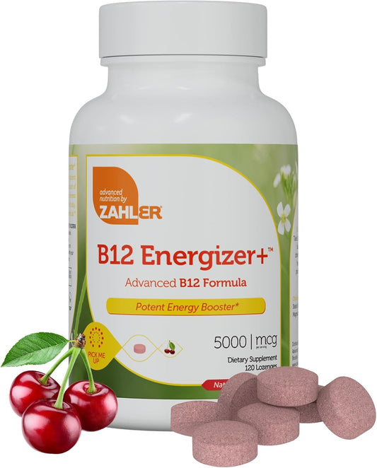 Zahler Energizer+ Vitamin B12-5000 mcg Cherry Flavor Lozenges - Gluten Free Non-GMO B12 Vitamins for Energy Boost (120 Count)