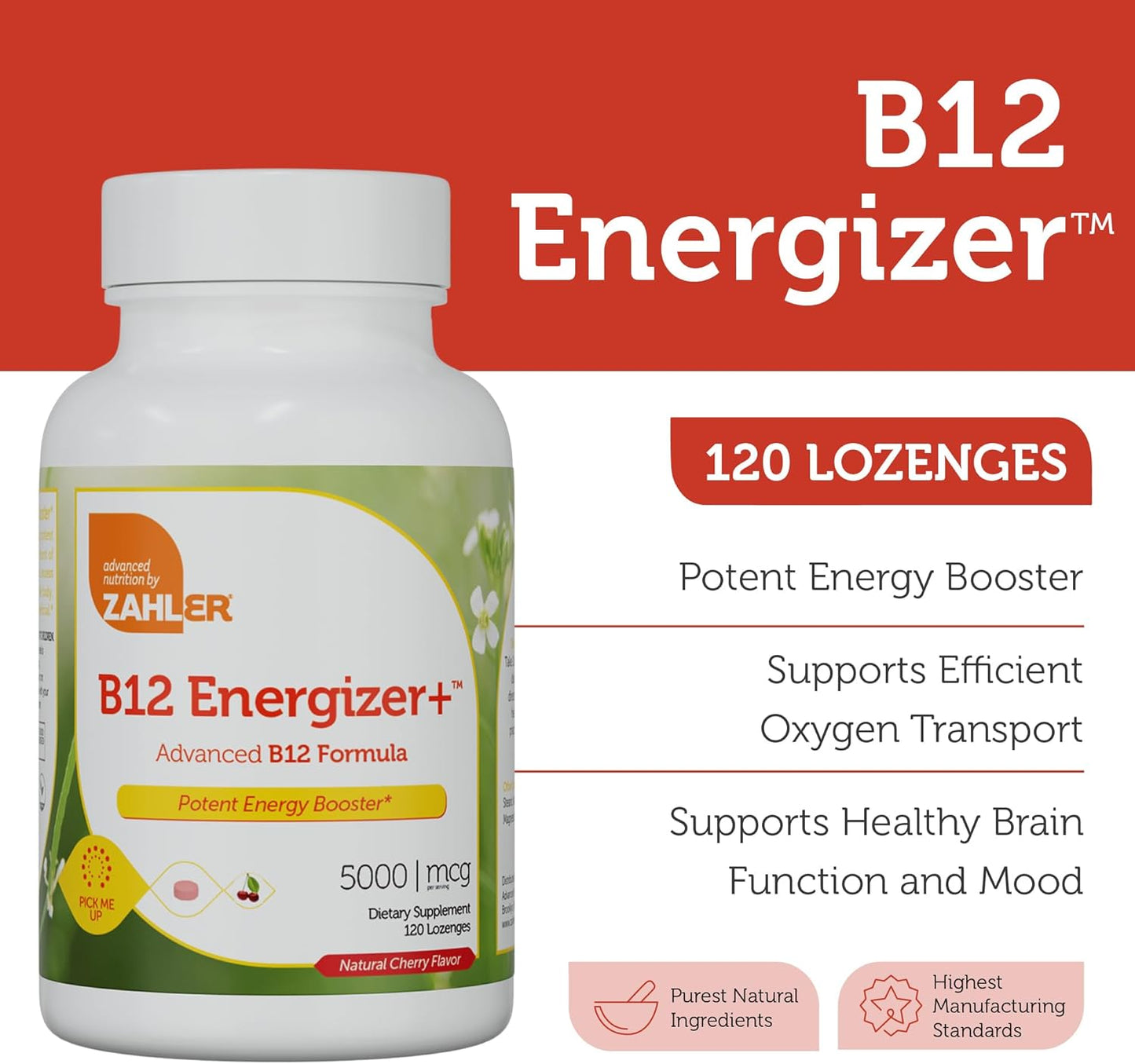 Zahler Energizer+ Vitamin B12-5000 mcg Cherry Flavor Lozenges - Gluten Free Non-GMO B12 Vitamins for Energy Boost (120 Count)