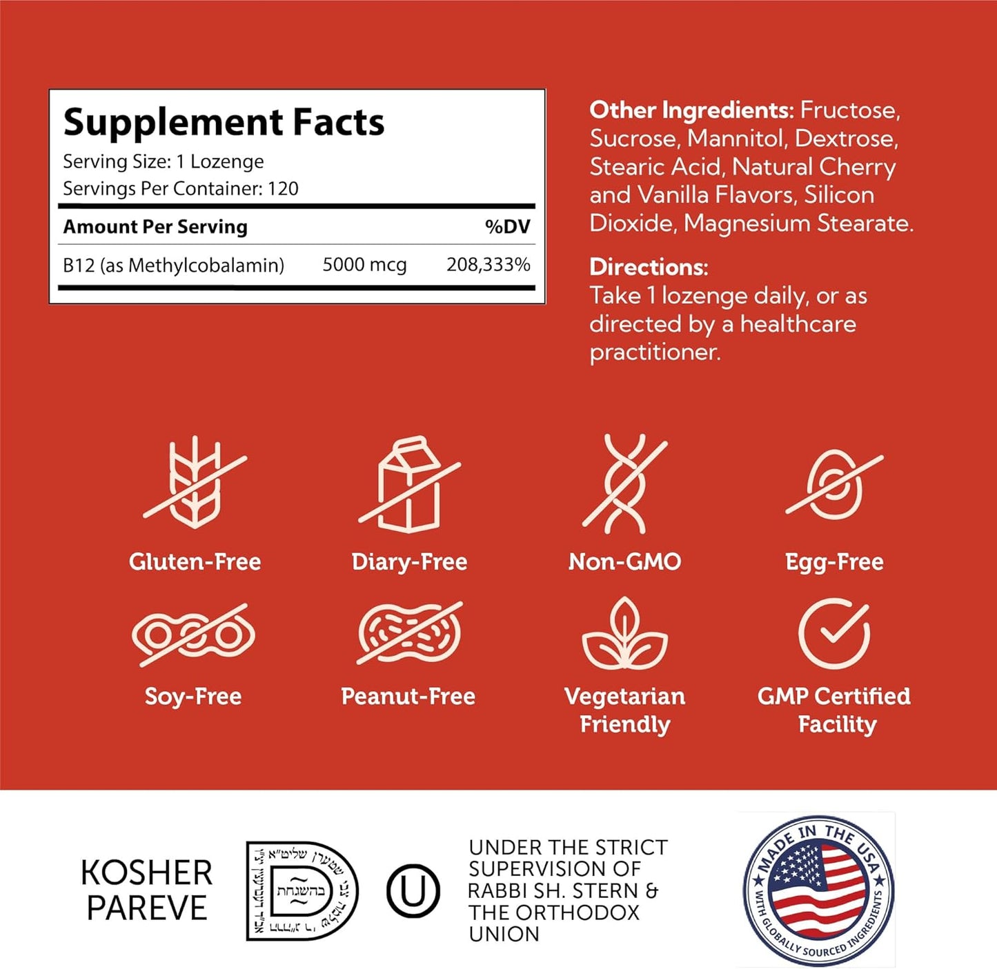 Zahler Energizer+ Vitamin B12-5000 mcg Cherry Flavor Lozenges - Gluten Free Non-GMO B12 Vitamins for Energy Boost (120 Count)