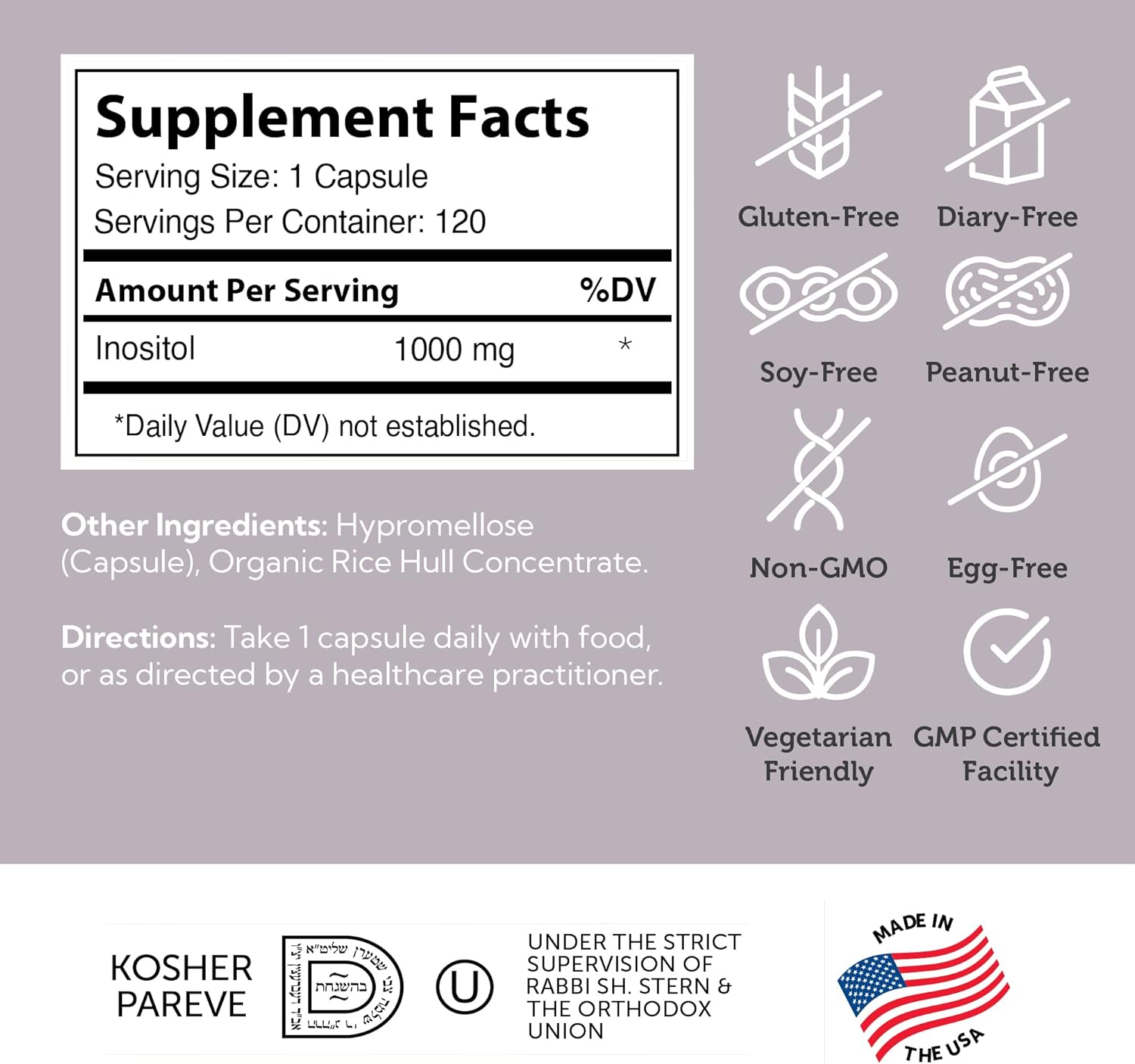 Zahler Inositol Capsules 1000mg for Women - Mood & Nervous System Support - Hormone Balance & Ovarian Function - Kosher, Gluten & Dairy Free - 120 Count