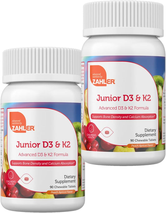 Zahler Junior Vitamin D3 + K2 Chewable Tablets for Kids - 2000 IU Vitamin D - Supports Bone & Teeth Health - Kosher - 2 Pack