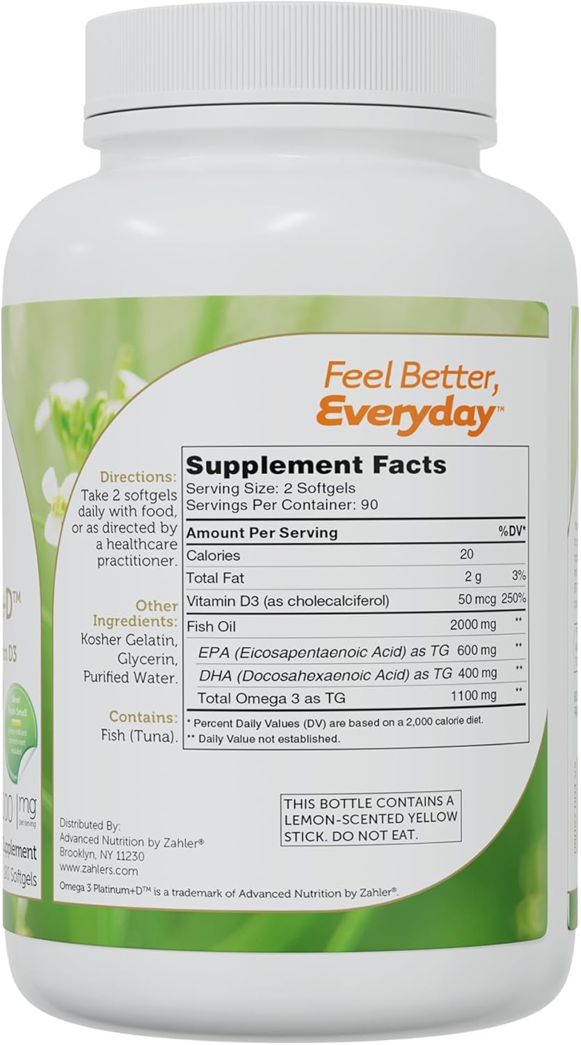 Zahler Omega 3 Platinum +D Fish Oil Supplement, Burpless Softgel, Highest EPA and DHA, Certified Kosher - 180 Softgels